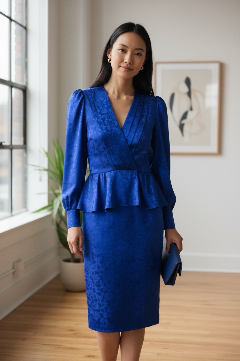 Vtg 1890s Cobalt Blue Jacquard Sateen Midi Dress Peplum Waist Long Sleeve Sz 7/8