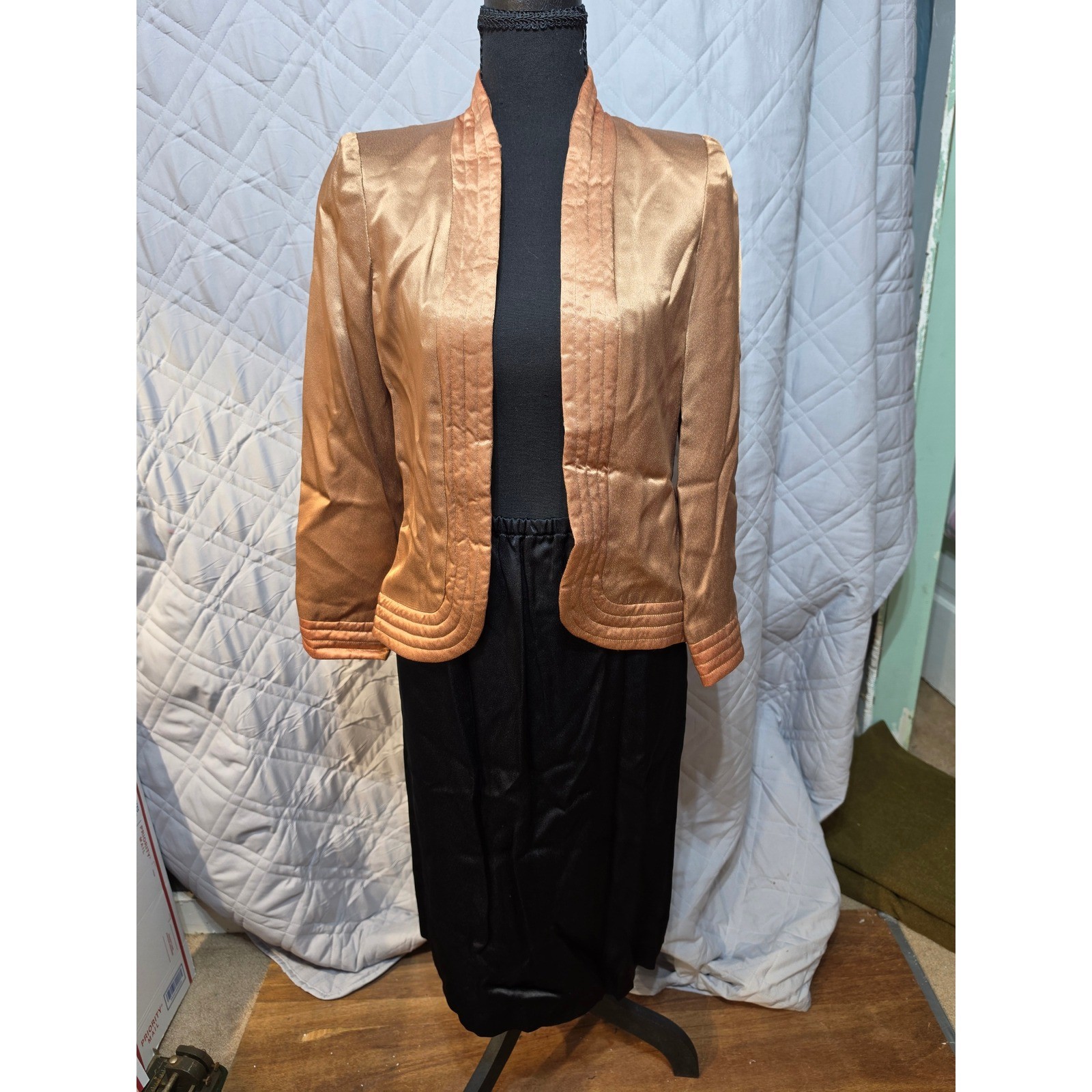 NR1 Ned Gould Vintage Skirt Suit Set Copper Metallic Blazer Black Satin Skirt