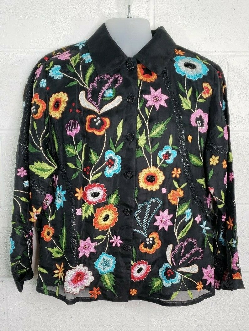 Vintage Anage Black Floral Embroidered 100% Silk Button Down Shirt Size 1X