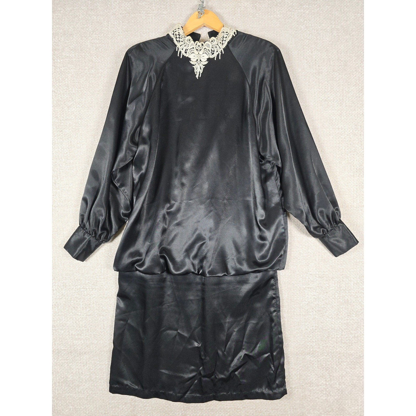 Vintage 80s Warren Z Black Satin Drop Waist Dress Lace Collar Puff Sleeve Sz 12