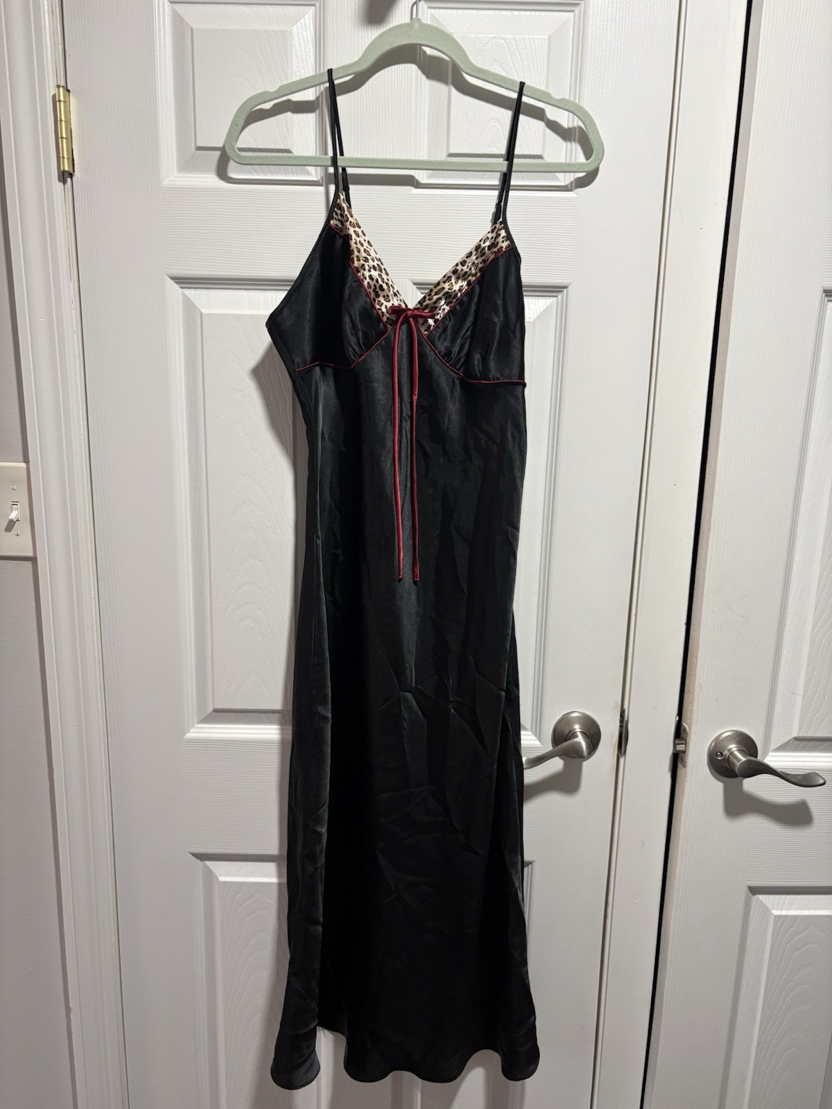 Cinema Etoile Black Satin Leopard Slip Dress | Vintage-Inspired | Red Bow