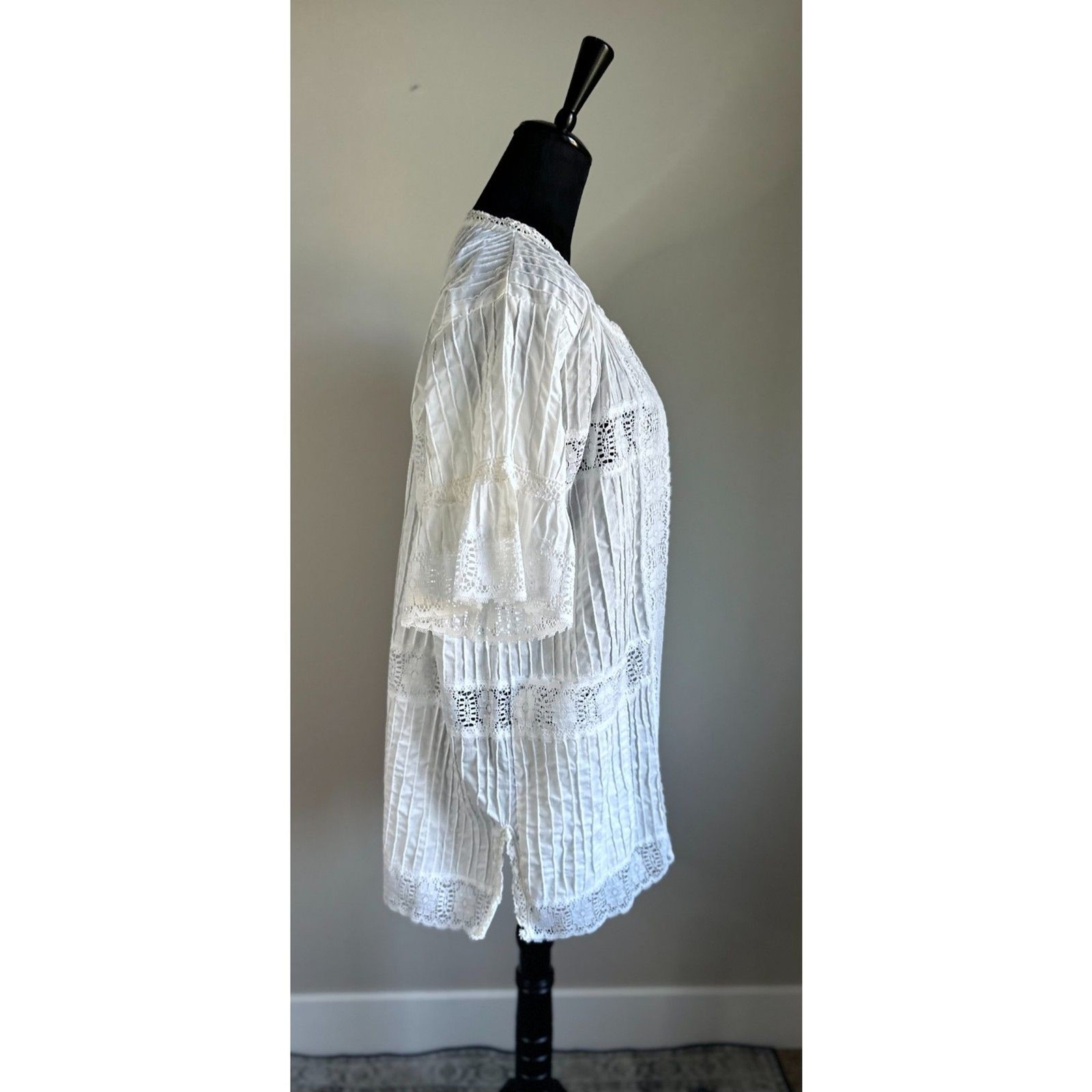 Vintage Women’s White Pin Tuck Pleat Lace Trim Button Front Cotton Jacket Size L