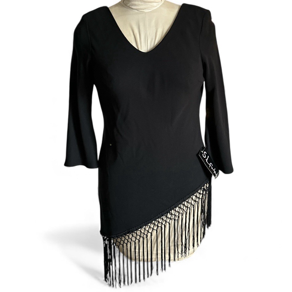 S.L. Fashions Vintage Black Asymmetrical Tunic W/Fringe Tassles Y2K Deadstock 10