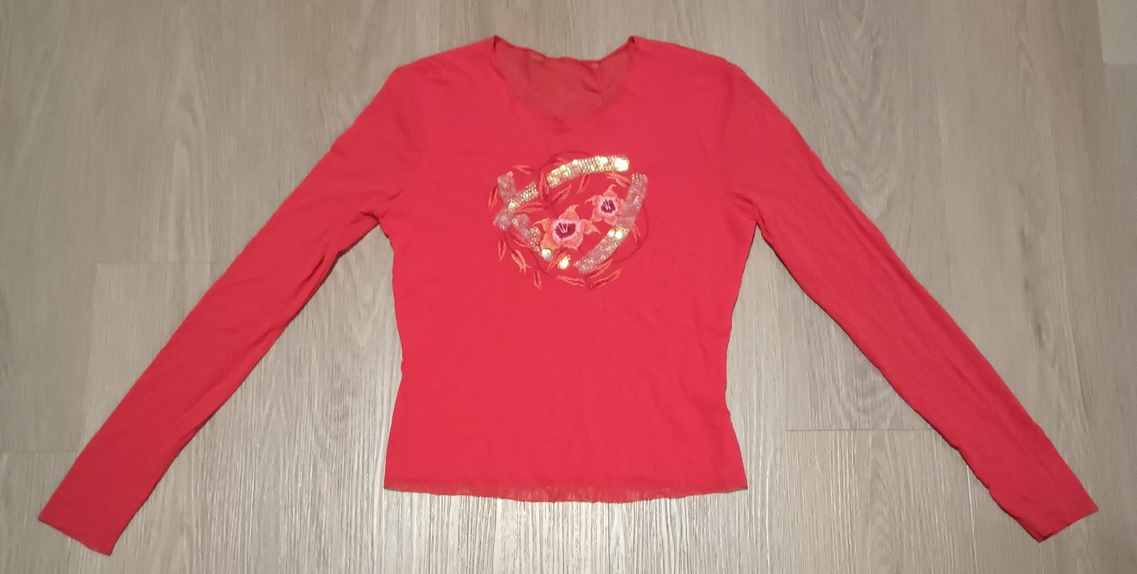 Vtg 90s Orange Sheer Mesh Fishnet Embroidered Sequin Artsy Floral Top Blouse XS