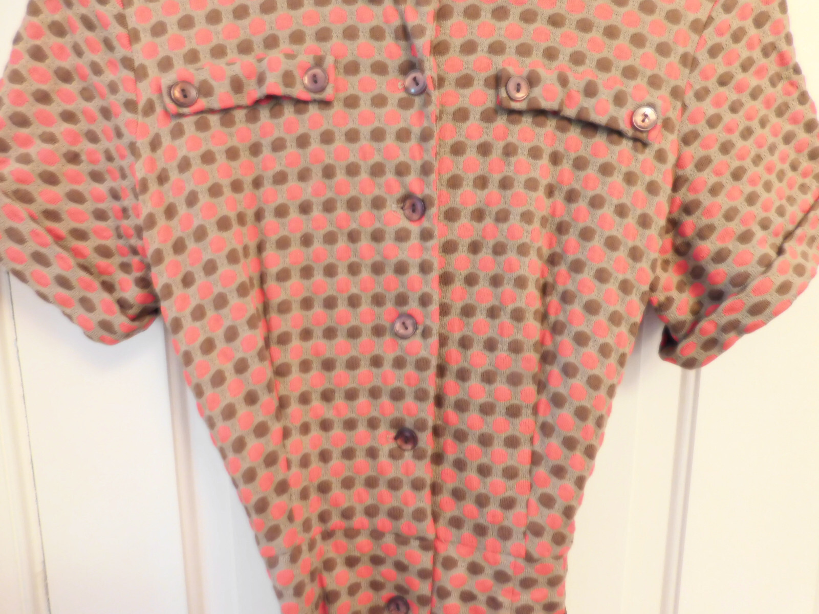 Vtg FAB Dress 60’s Button Front Bennett of Miami Brown Orange Polka Dot Belt S