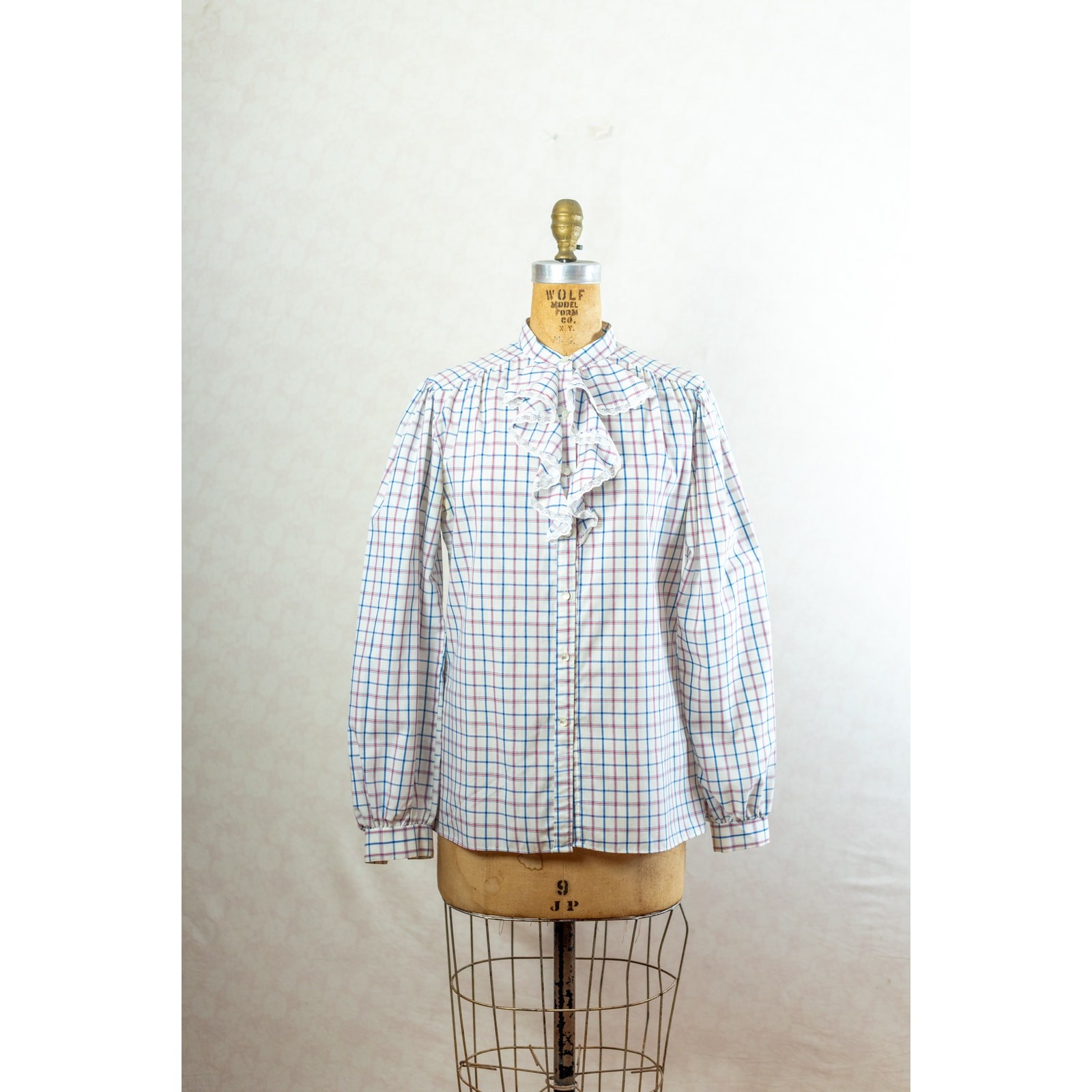 Vintage 80s Cottage Plaid Ruffled Blouse, Red White Blue, Prairie Gingham, M