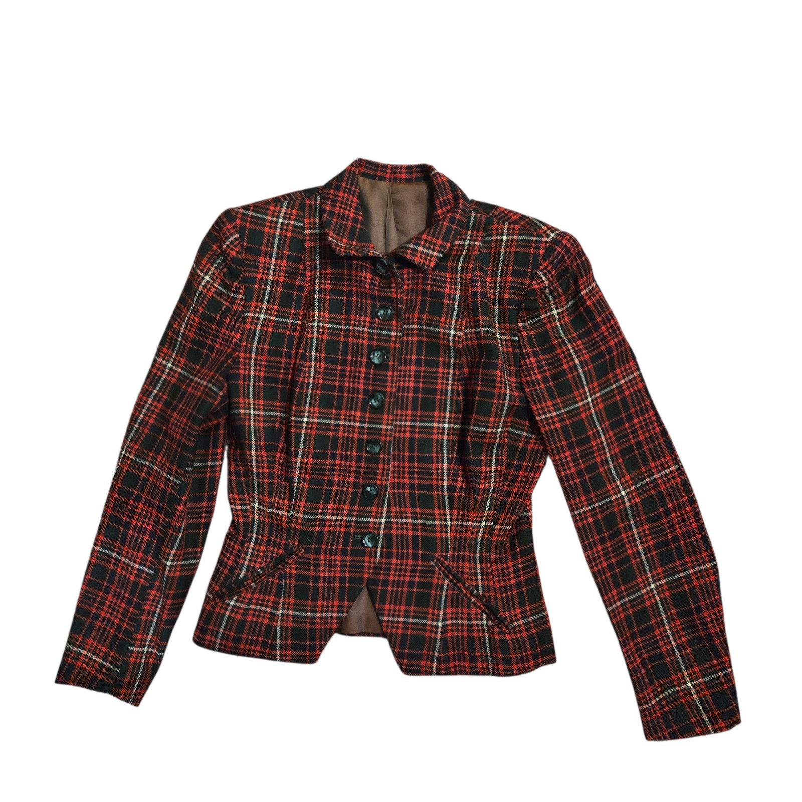 Vintage 70s Does 40s Red Black Plaid Fitted Wool Blazer Jacket Arthur Jay Small