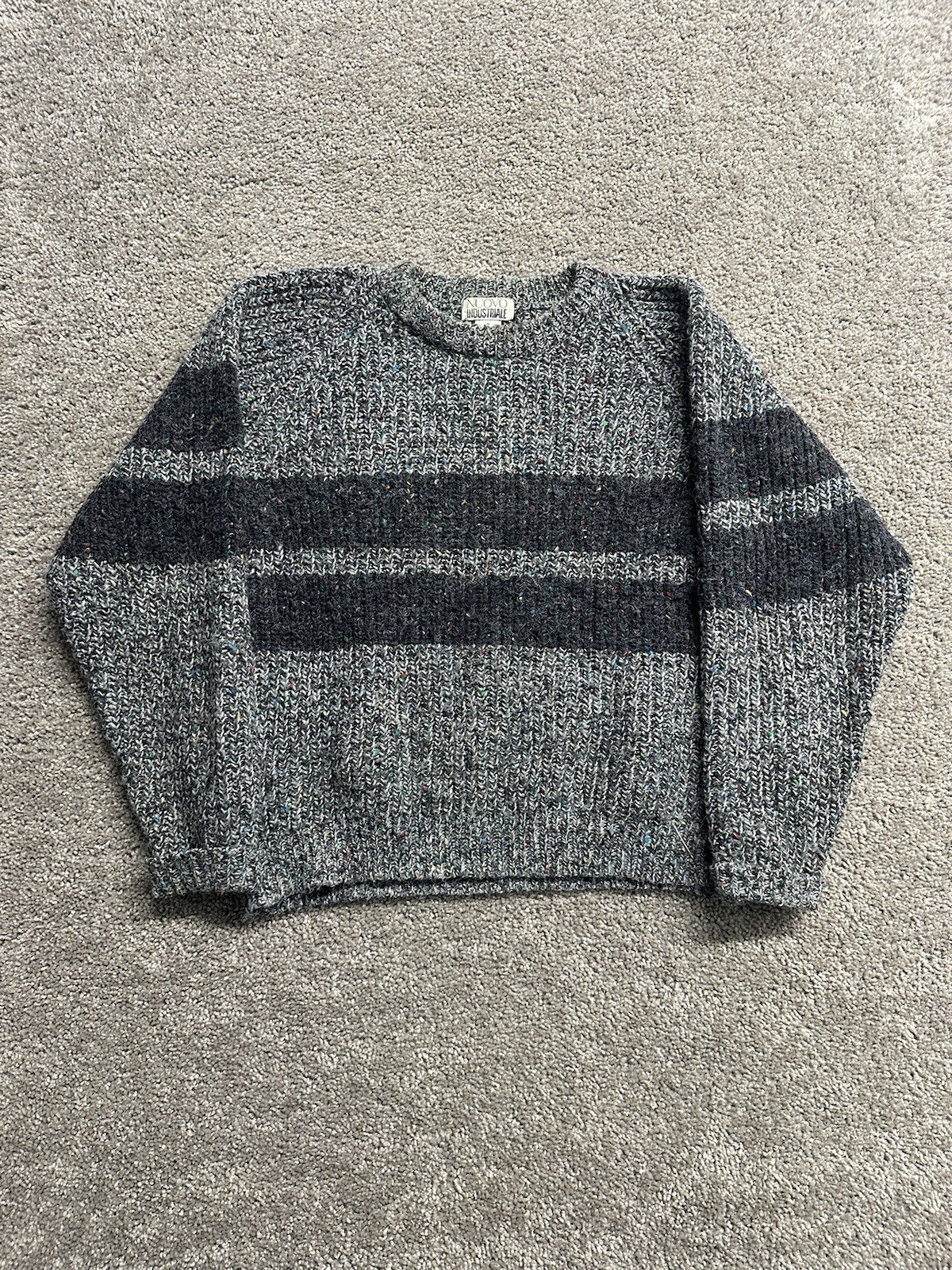 Vintage 80s Nuovo Industriale Womens Grey Multicolor Striped Crewneck Sweater M