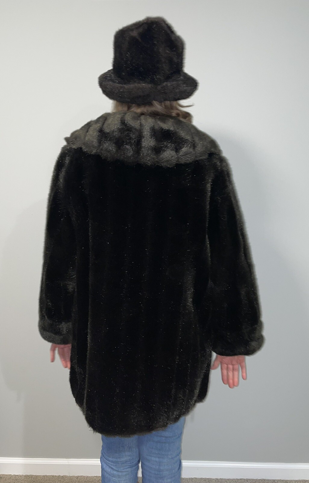 Vtg 1960 Black Faux Mink Fur Coat Shawl Collar Mar-Del Rice + Betmar Bucket Hat