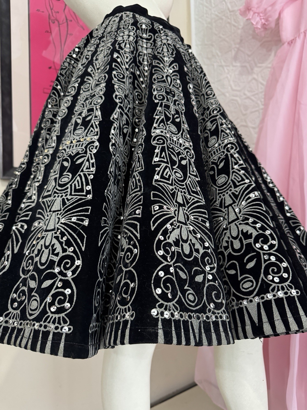 Vintage Velvet black circle skirt-Hand painted-Sequin-1950s-Skate-Silver-Deity-M