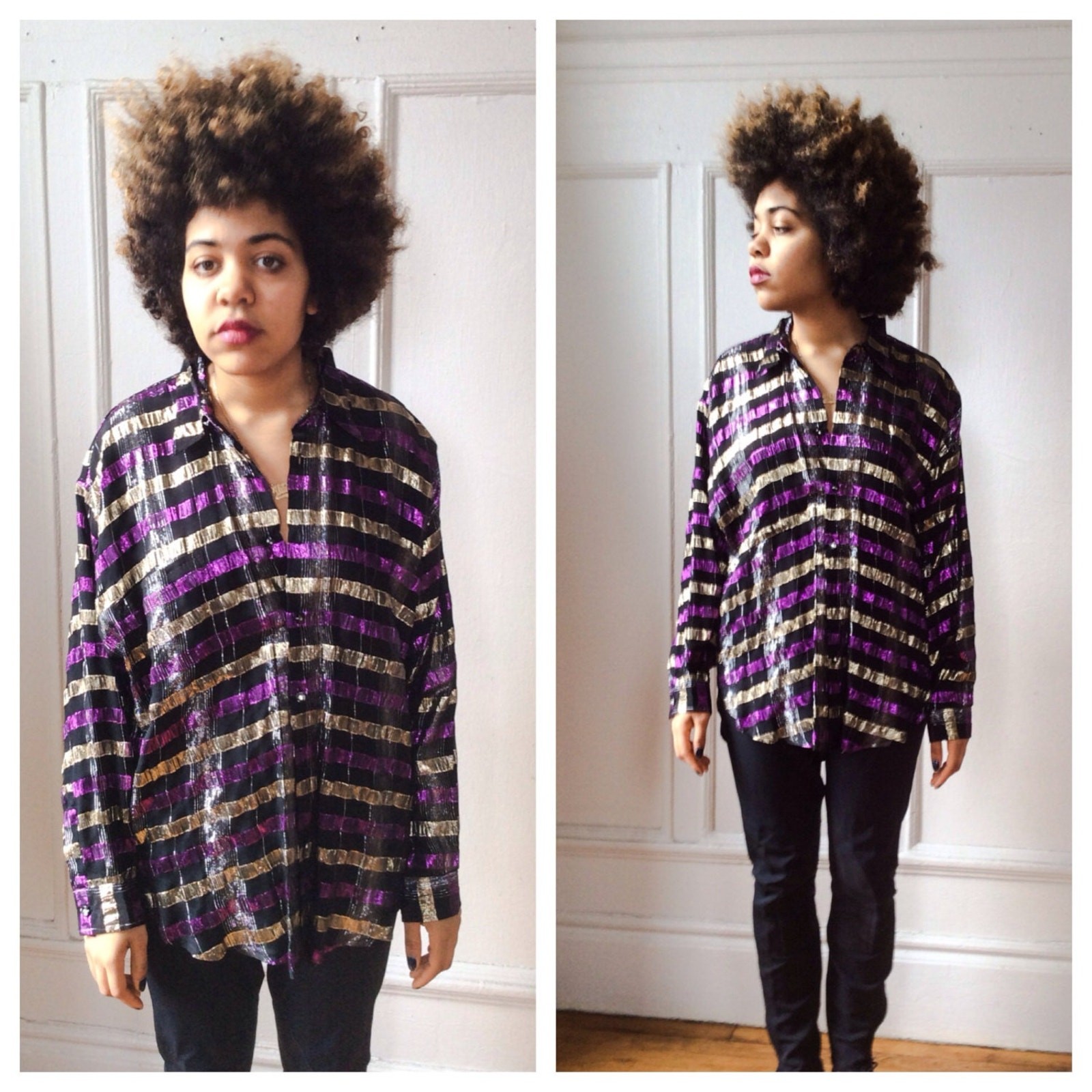 Metallic Threaded Oversize Disco Shirt Blouse Rayon Plaid Purple and Gold