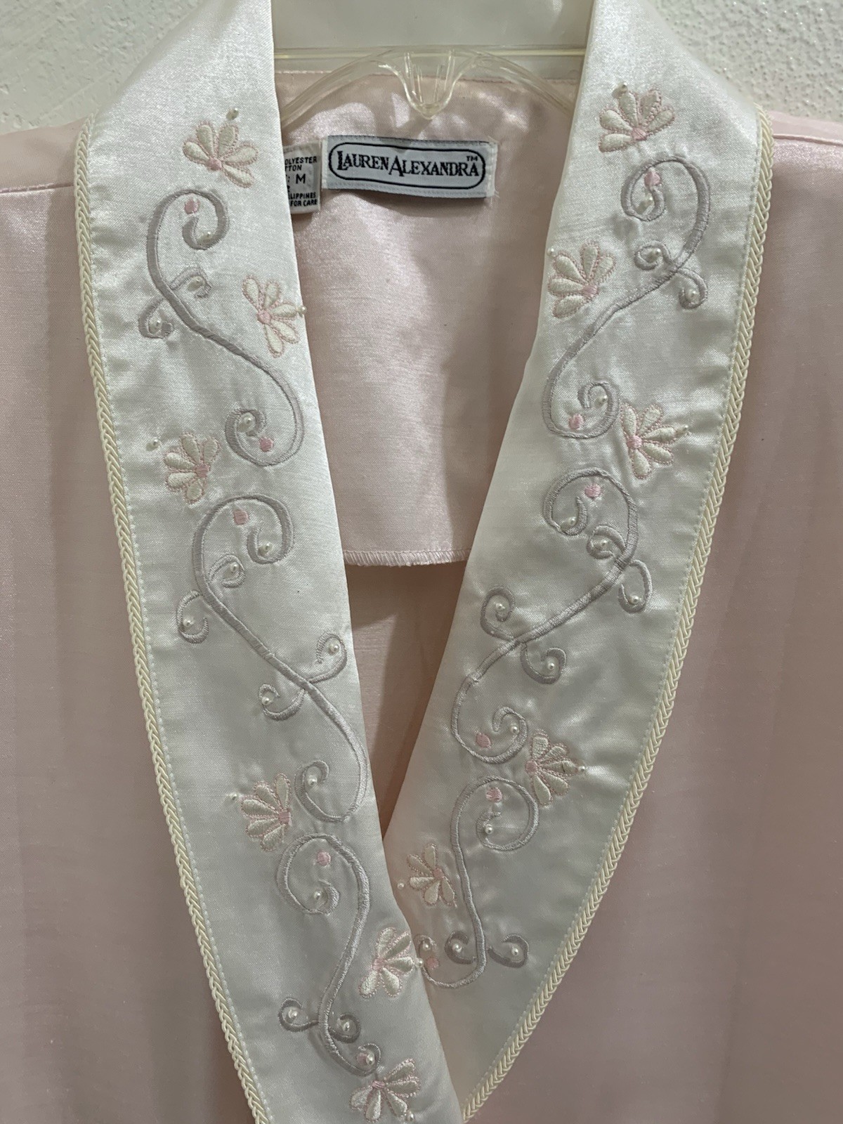 80s Vintage Lauren Alexandra Pink Satan Robe With faux Pearl accents
