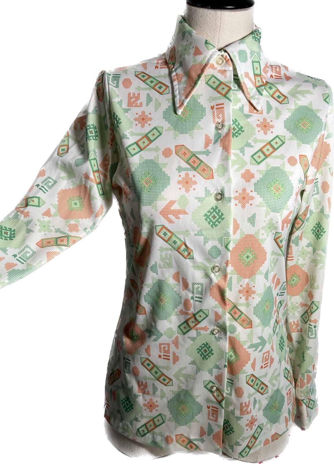 Vtg 60s Shirt Polyester Button Top Geometric Arrow Aztec White Green Orange S 36