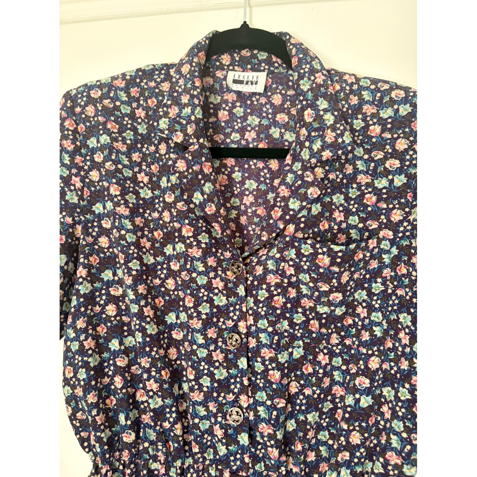 Leslie Fay Vintage Floral Midi Dress Purple Pink Short Sleeve Elastic Waist