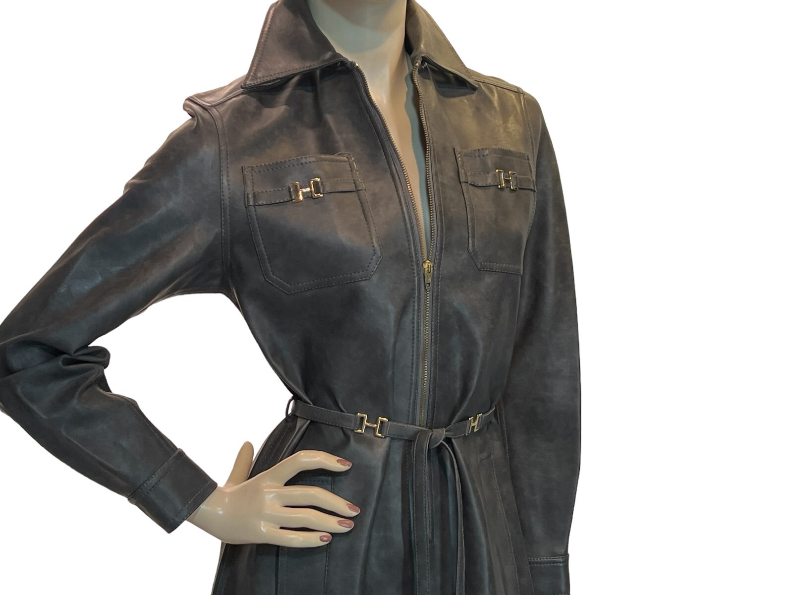 Sz S~M Vtg 60s MOD Gray VINYL COAT DRESS Joseph Magnin Ginala Front Zip Boho