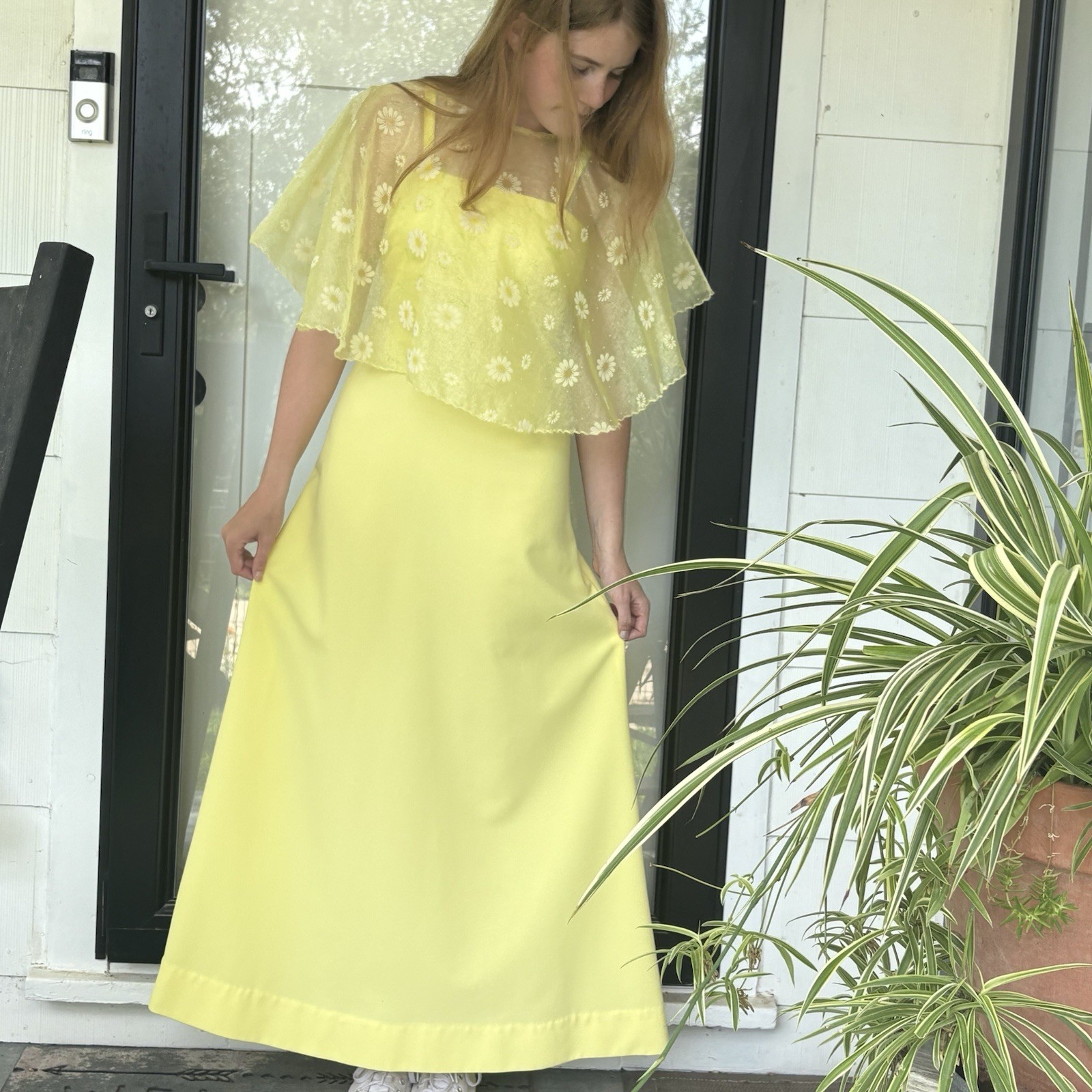 Vtg 70’s Pale Yellow Boho Maxi Dress Sheer Floral Lace Capelet Hippie Prom Gown