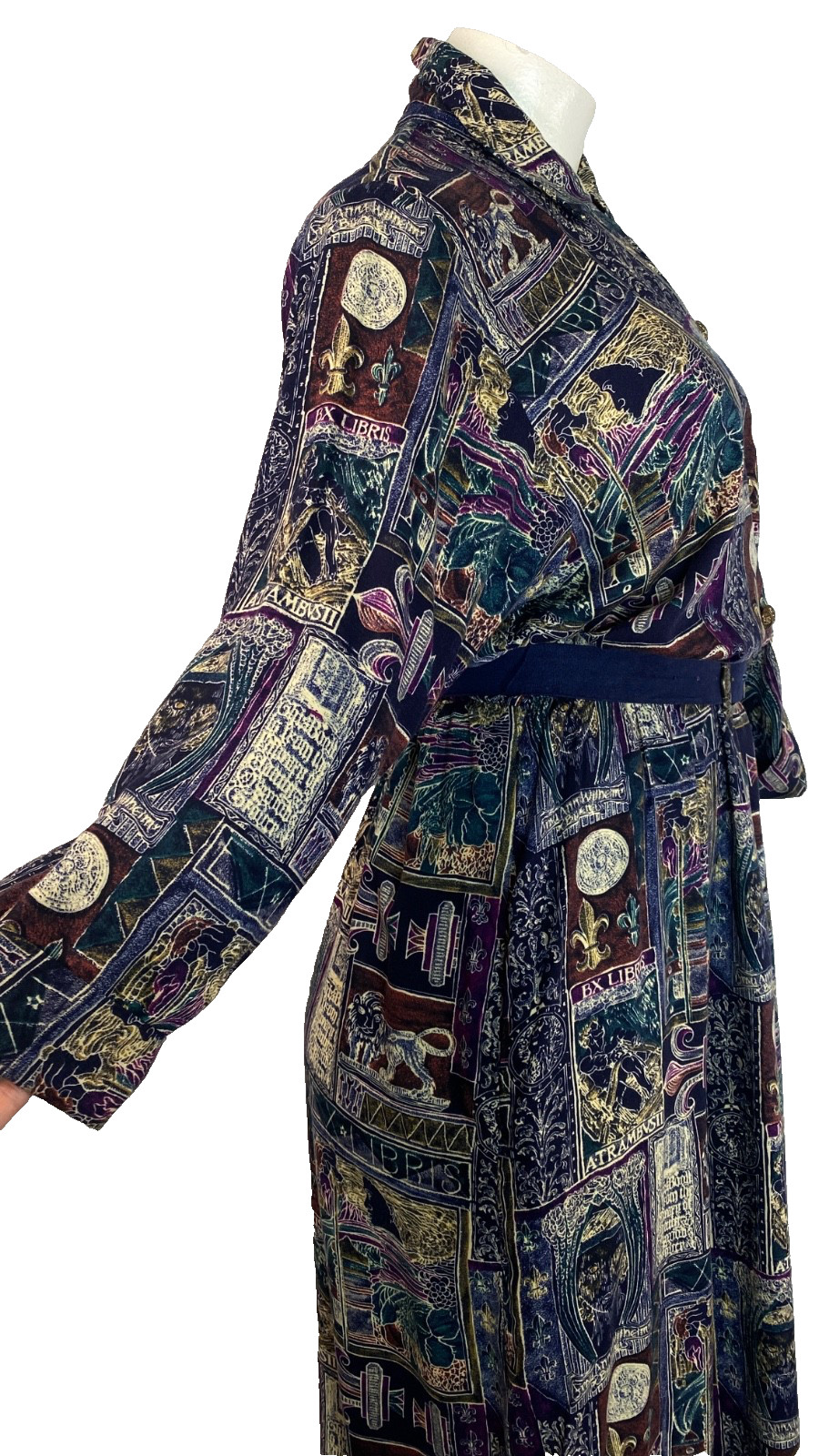 Vintage 1980s novelty print midi dress XL rayon long sleeve plus size purple
