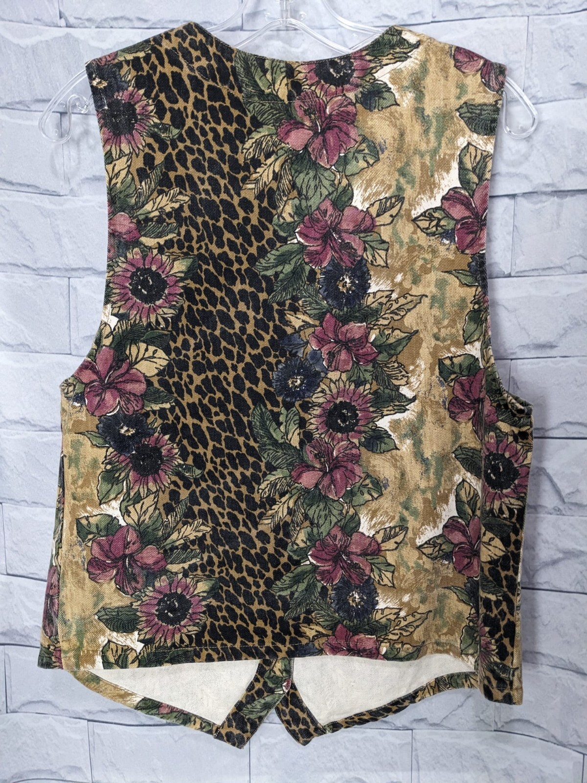 Northwest Blue Women’s Leopard Floral Denim Vintage Button Front Jean Vest Sz S