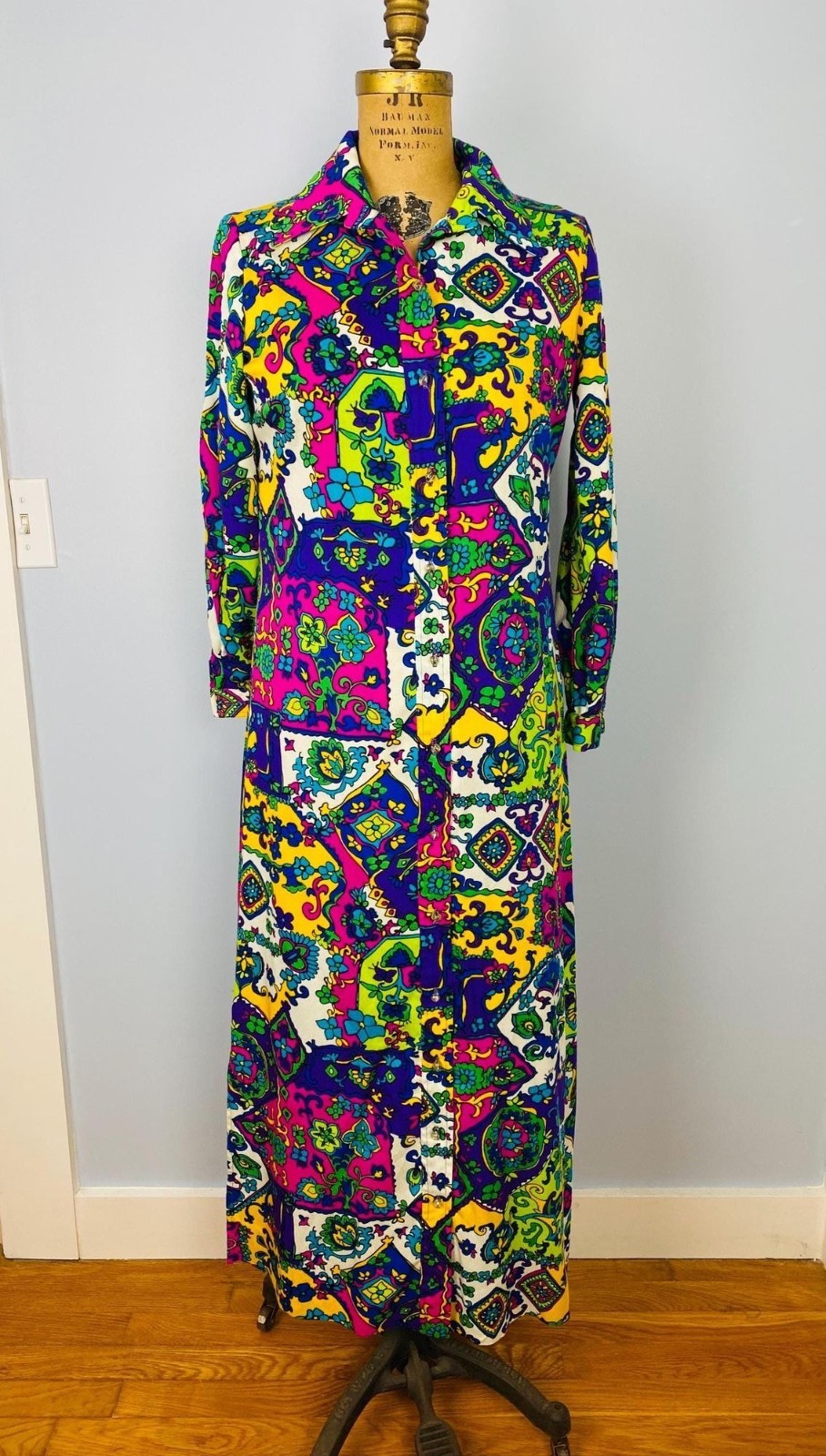 Vintage 1960s Prestige of Boston Colorful Maxi Dress, Size S/M, Button Front