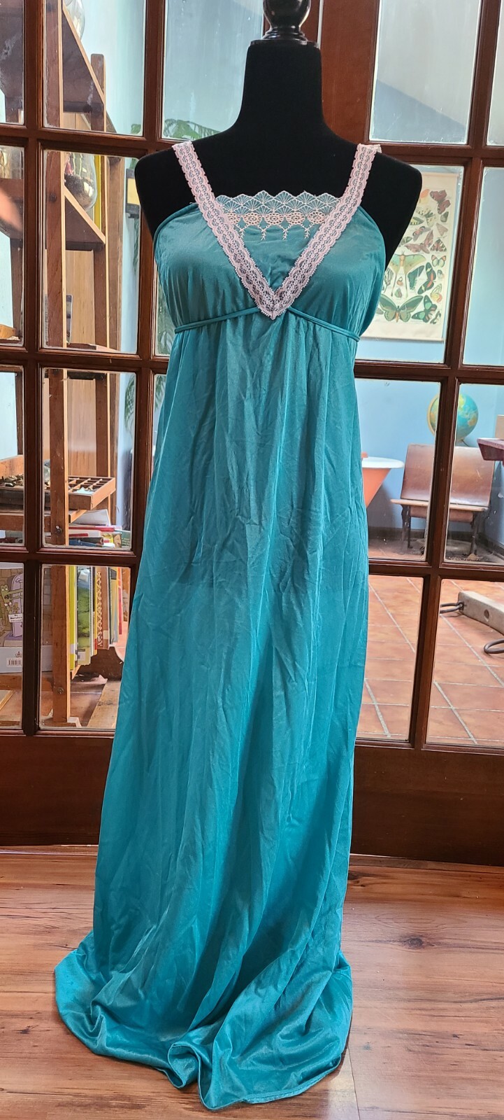 Vtg Sexy Nightgown Full Length Aqua Blue Nylon Lace Ribbon Straps Goddess Sz S