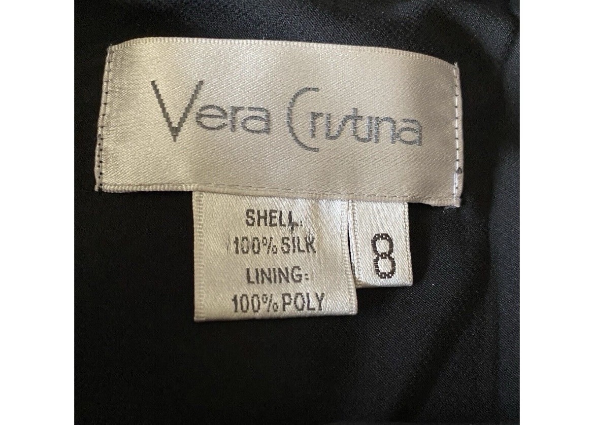 Vtg Vera Chris 100% Silk Bded Flapper Drs Sz 8 Blk Turq Art Deco Gatsby Drop Wai