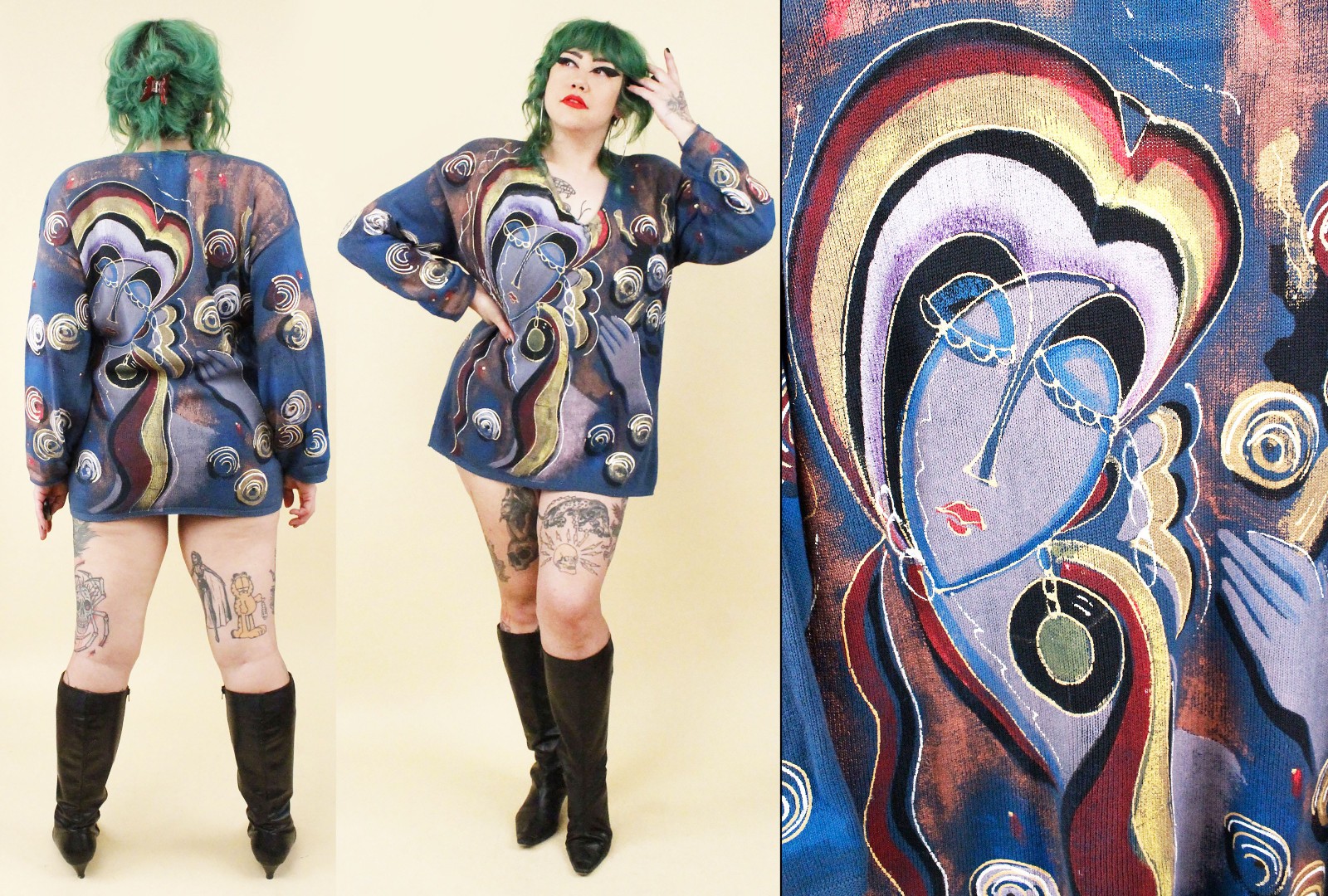 80s Vtg Cubism Picasso Style Hand Painted Knit Sweater Tunic Long Sleeve OS B44″