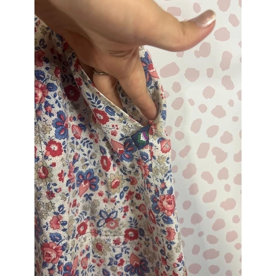 Picket and Post Vintage Floral Midi Skirt Red Blue Calico Elastic Waist Cottage