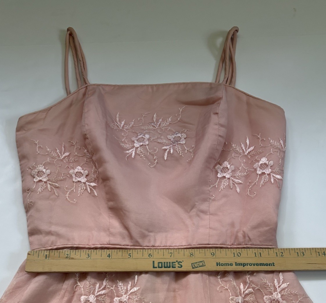 Vintage Pink Embroidered Organza Wiggle Dress Pin-Up Tiki Rockabilly XS Flawed