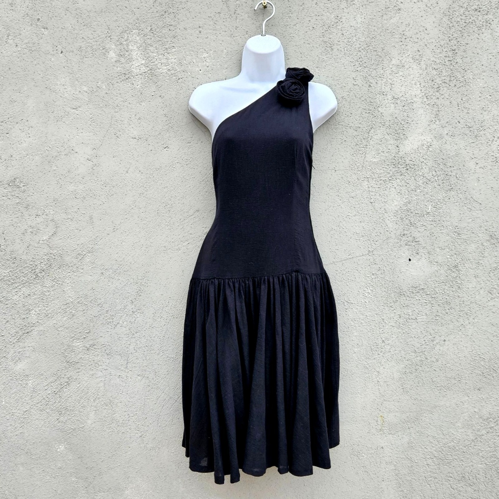 Vintage 80s Georges Rech Paris Black Cotton One Shoulder Dress Rosette Small