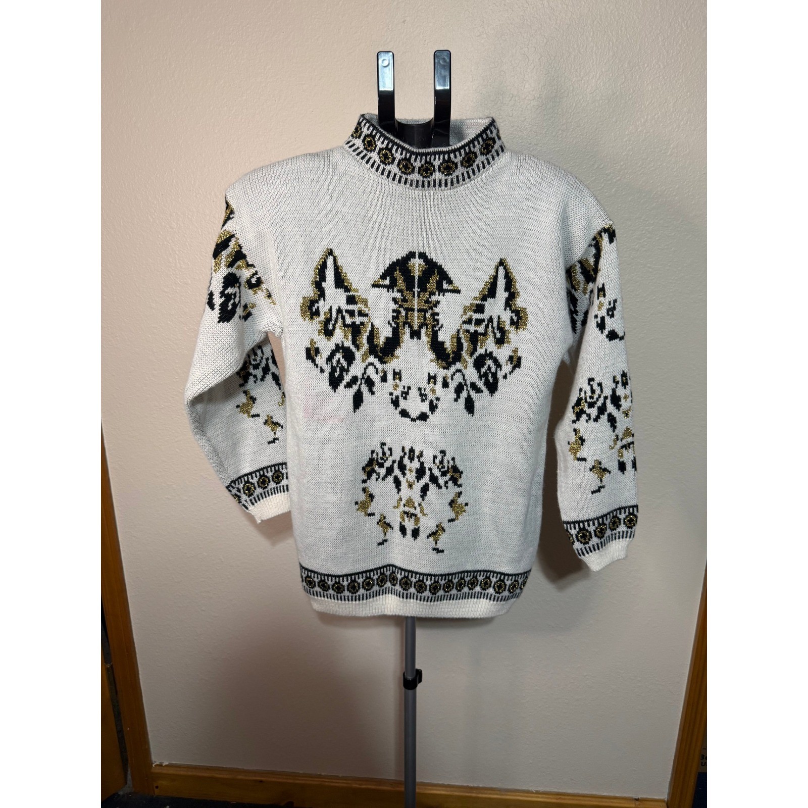 Vintage Bramble Lane Metallic Gold Black Intarsia Mock Neck Sweater Womens M
