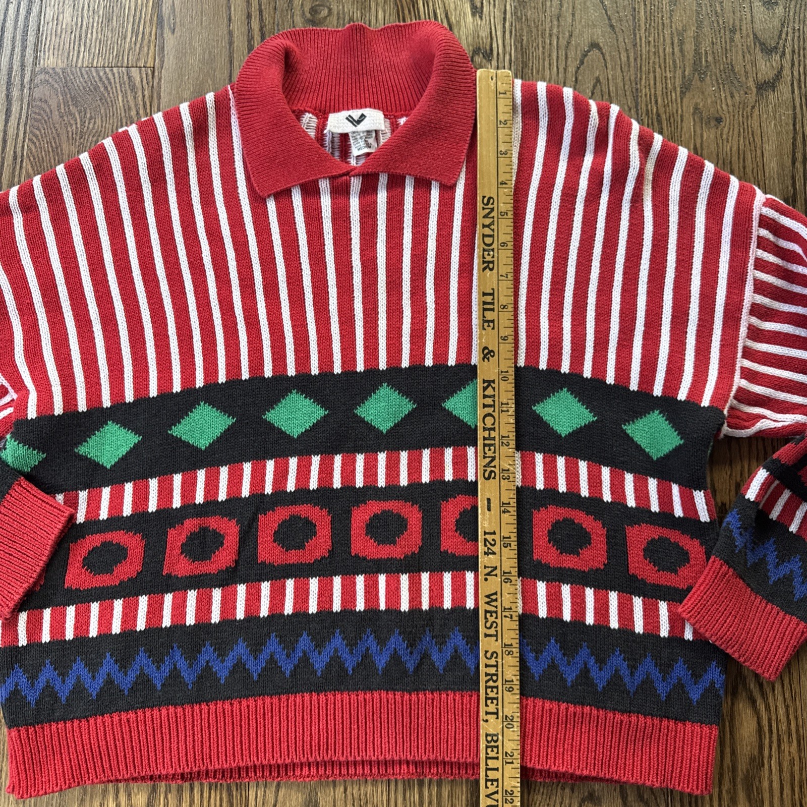 Vintage USA Knit Sweater Medium Red Striped Geometric 80’s 90’s Cotton