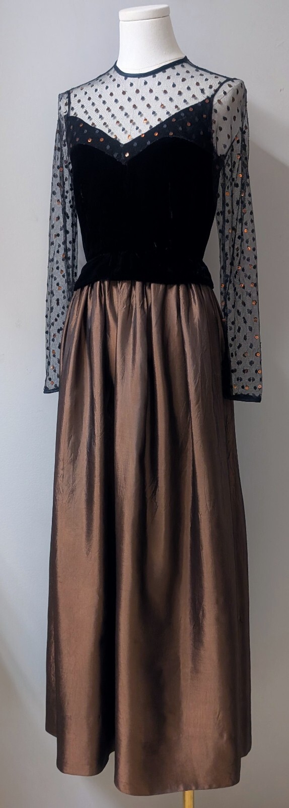 Vtg 70’s Joan Leslie By Kasper Velvet Bronze Taffeta Net Sequins Maxi Dress XS