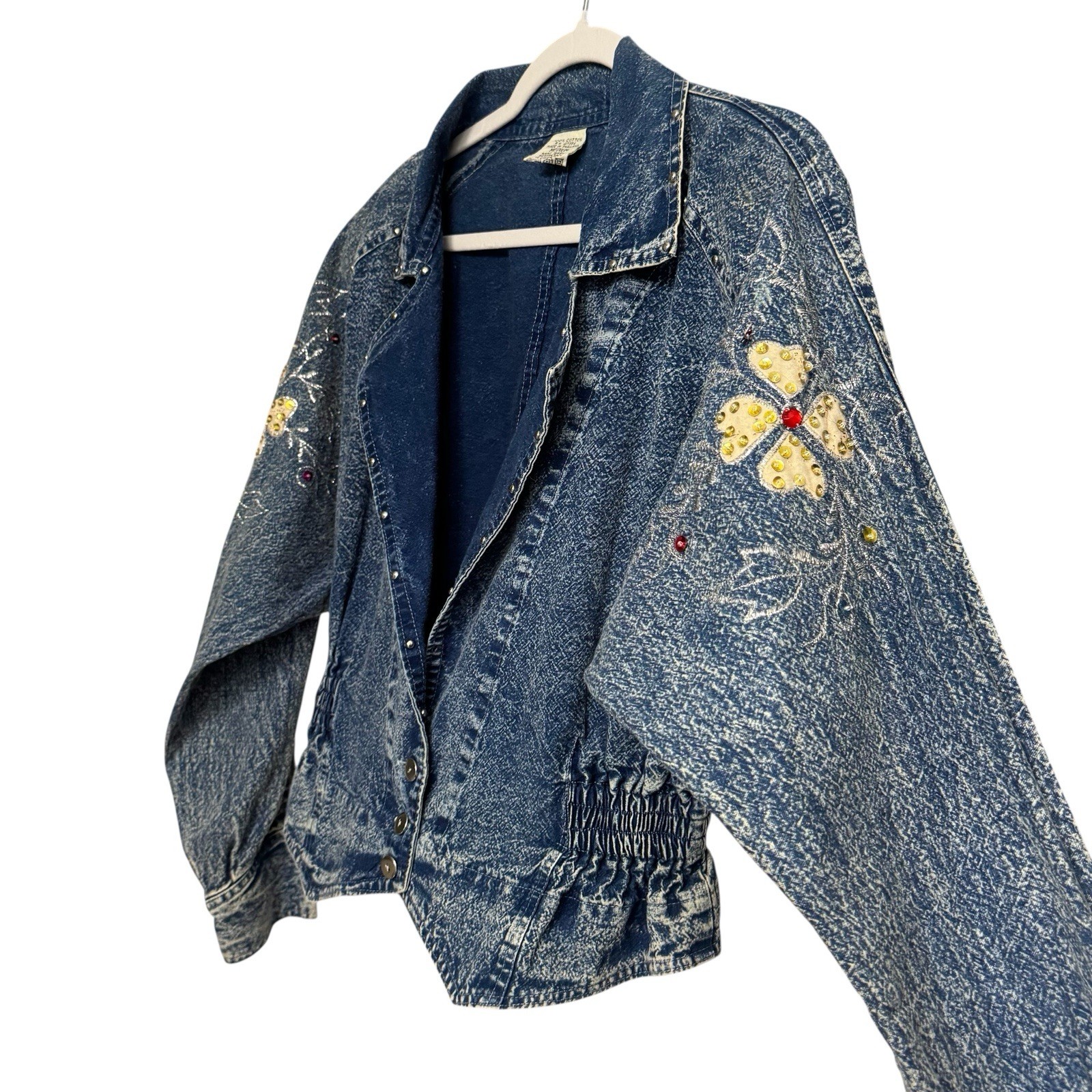80s Denim Jacket Short Acid Wash Floral Embroidery Embellished Crop Sz M Vtg EUC
