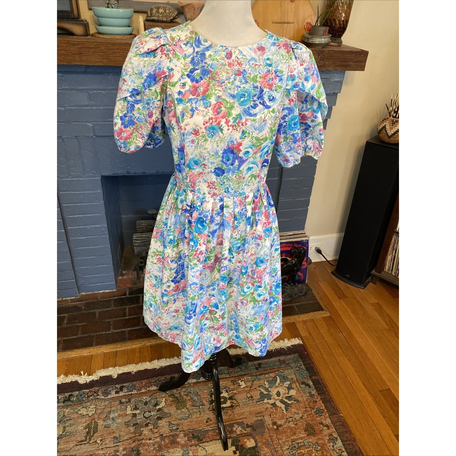 Vintage In Cinq Floral 1980s Tea Dress Puff Sleeve Feminine Midi Cottage 18 L/XL