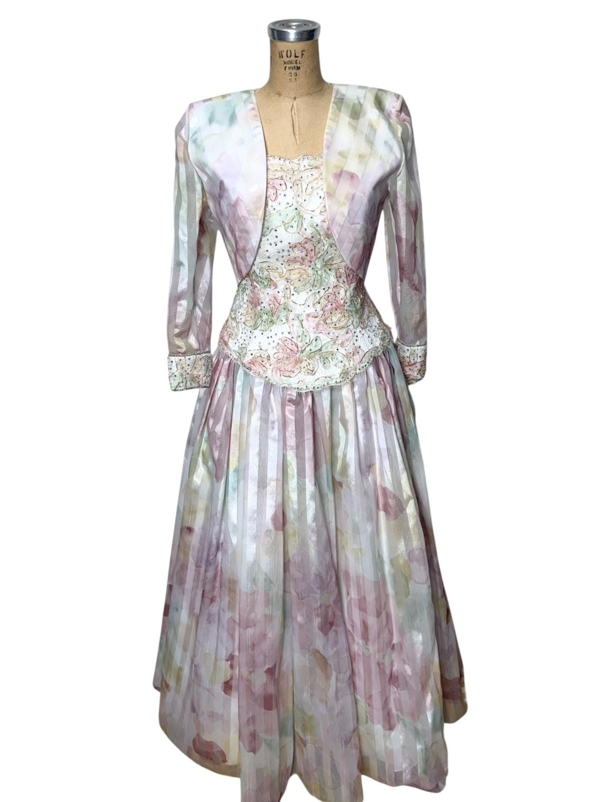 Vintage 80s Rose Taft Couture Fashions gown pastel beaded strapless with bolero