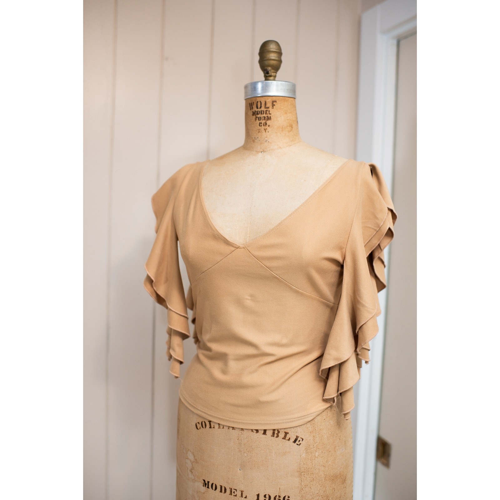 Vintage Y2K Tan Camel Brown Flutter Sleeve Top Fairycore Boho Festival Blouse LG