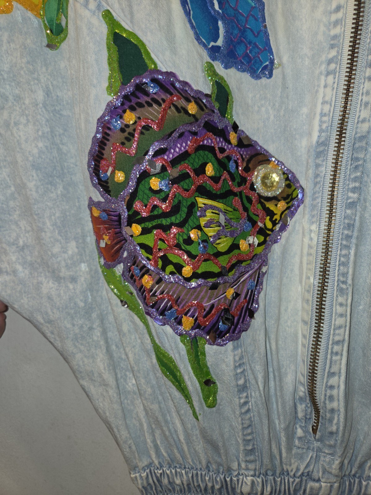Vintage 80’s OOAK Handpainted Janika Designs Denim Jumpsuit. Fish. Art To Wear M