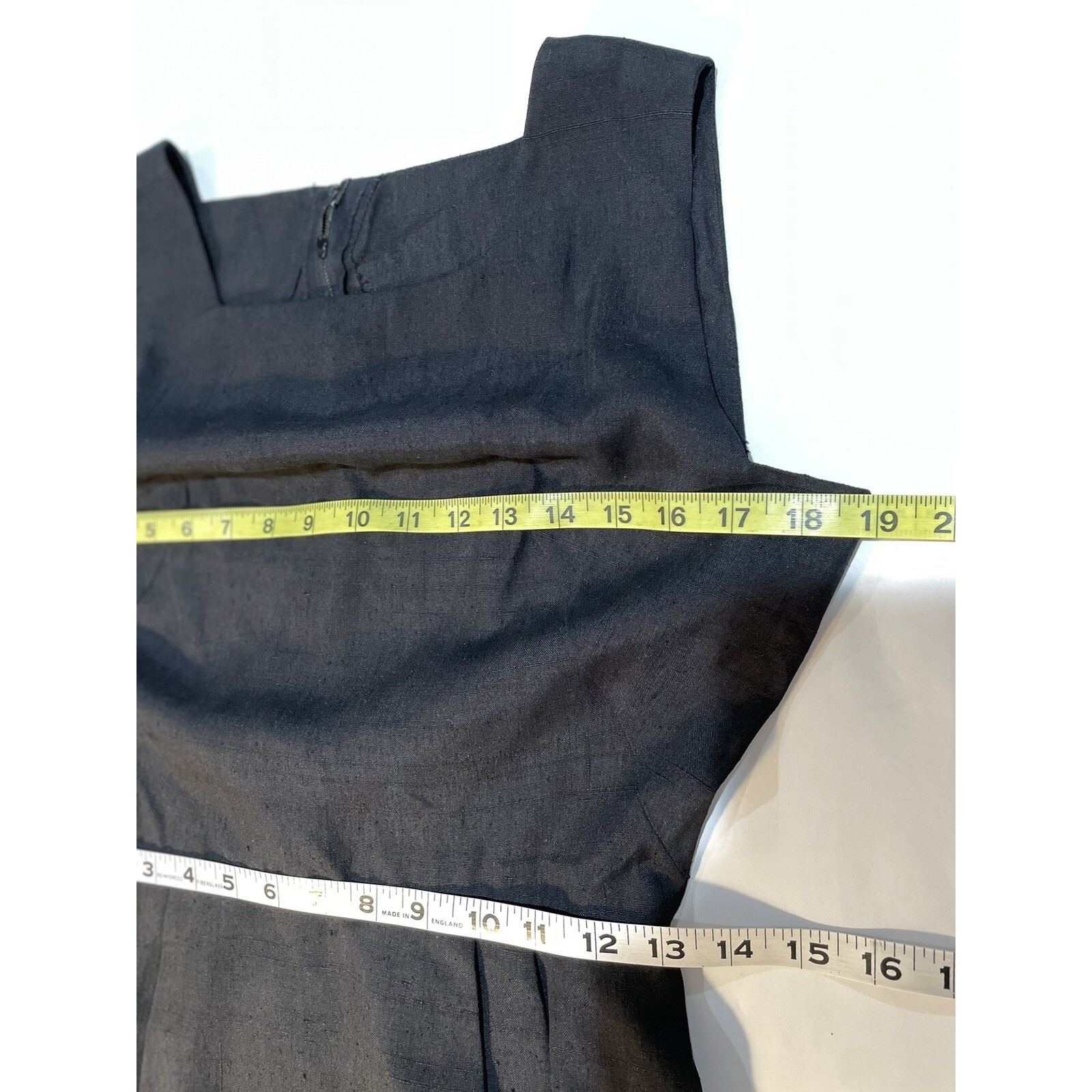 VTG 60s Little Black Dress Pencil Wiggle Square Side Arm Hole Pockets 38″ Chest