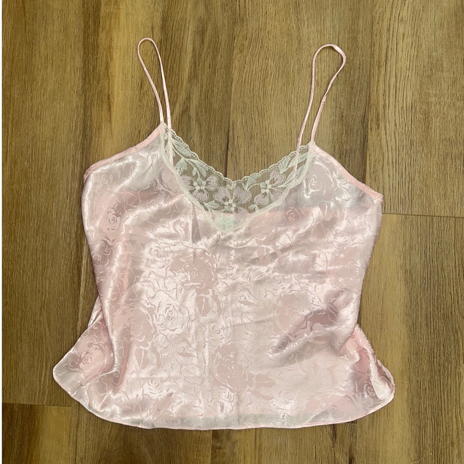 Vintage baby pink Floral Satin Lace Camisole Top Small Sexy