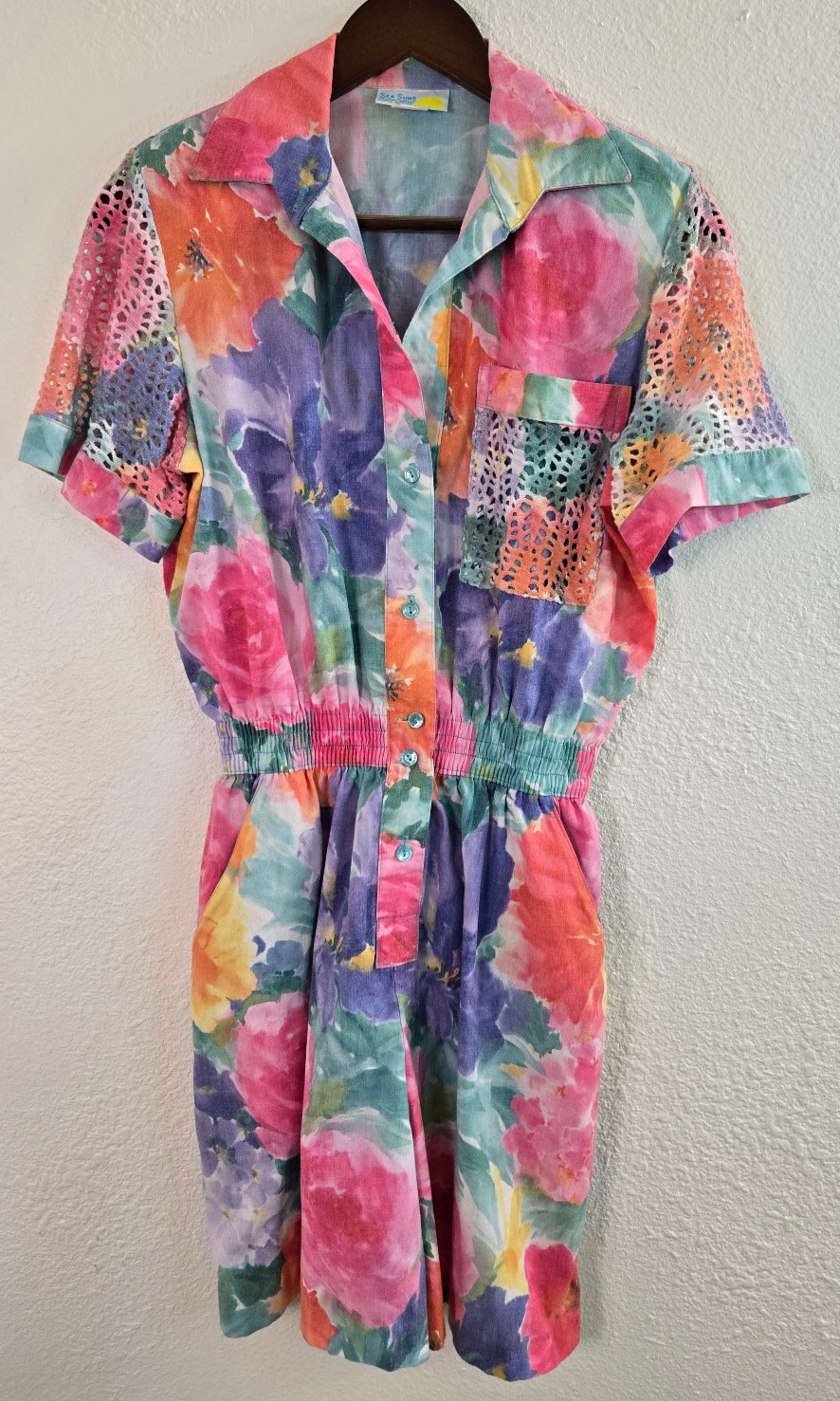 Sea Suns Womens Small Vintage 80s Short Sleeve Cinch Waist Rainbow Floral Romper