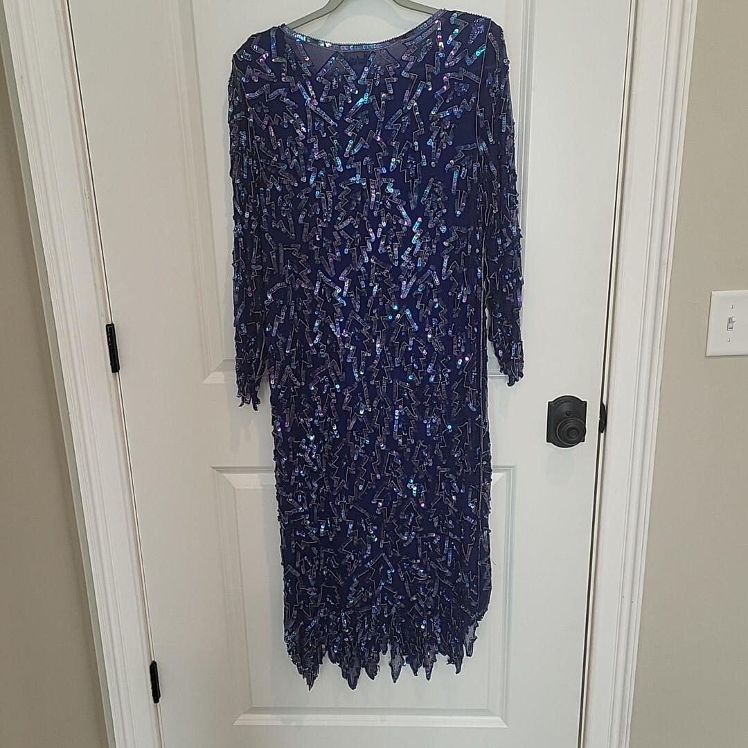 VTG 1970s Evening Gown Dress Womens L Blue 100% Silk Sequin Sheer Rayon Lined