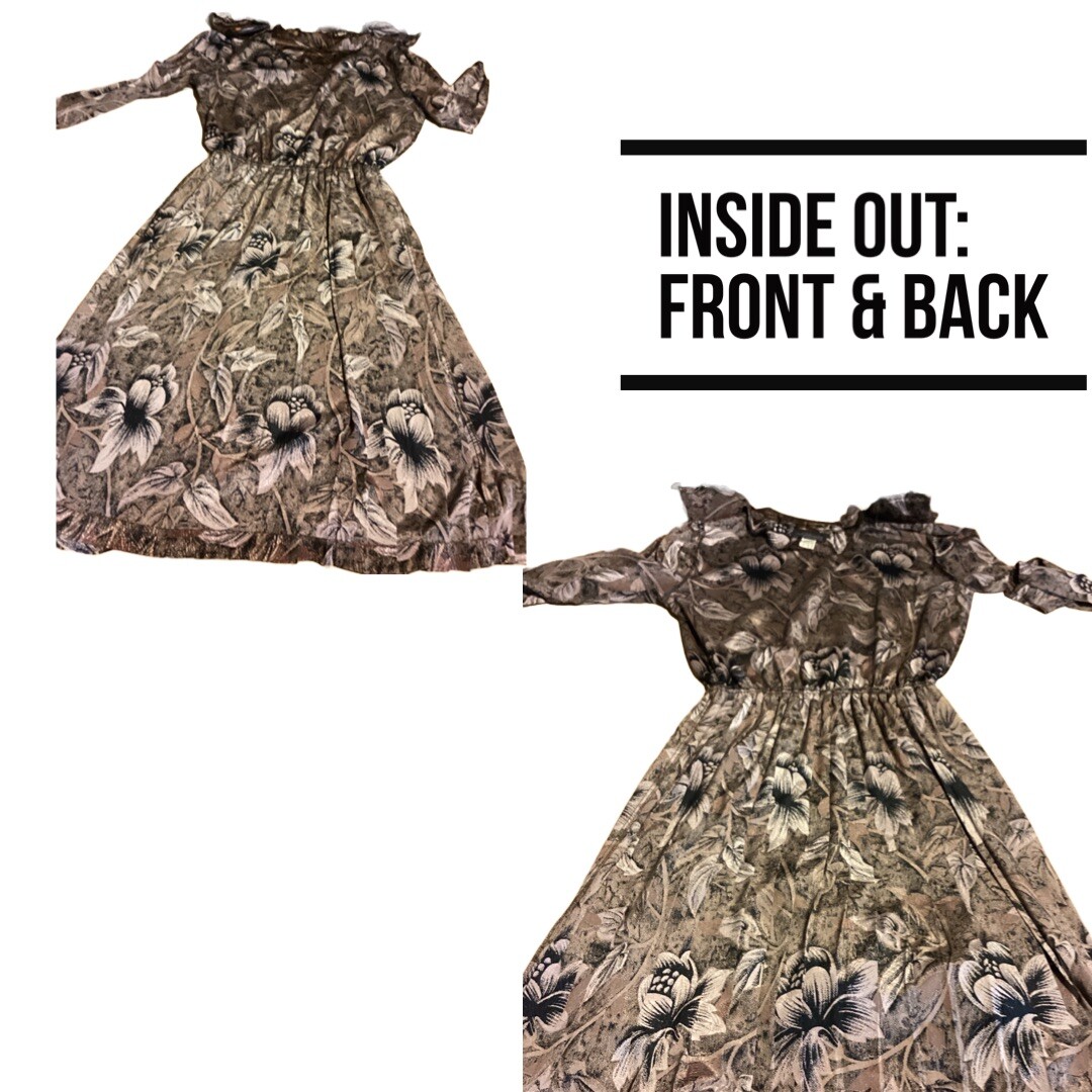 VINTAGE ALEXIS FASHIONS 1980’S FLORAL PRINT BROWN & BLACK DRESS SIZE APPX LG