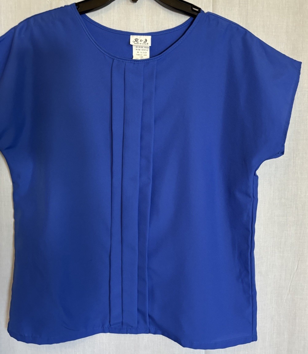 VINTAGE 90’s 80’s Y2K R&J BLUE PLEATED SHORT CAP SLEEVE BLOUSE SIZE 12