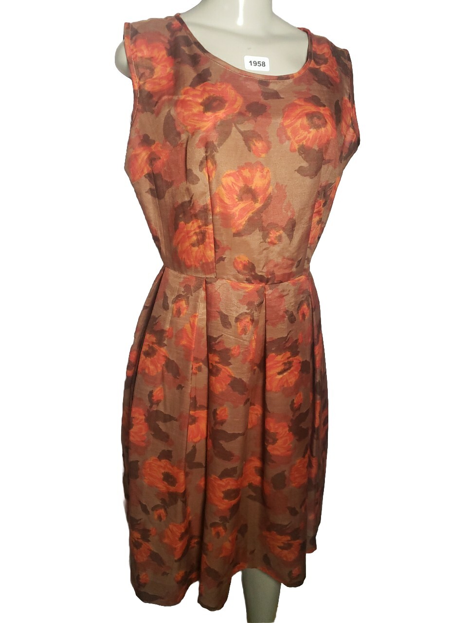 Vintage Lora Lenox Floral Sheath Dress Sleeveless Brown Orange Medium Unlined