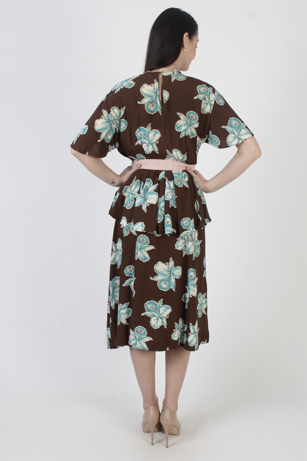 Vintage 40s Deco Dress Metal Side Zipper Peplum Full Skirt Hawaiian Tiki MCM