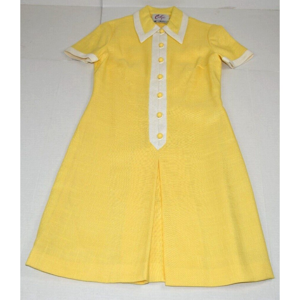 Vintage Midi Dress Carlye Size S/M 50s Sunny Yellow Linen White Trim Lined