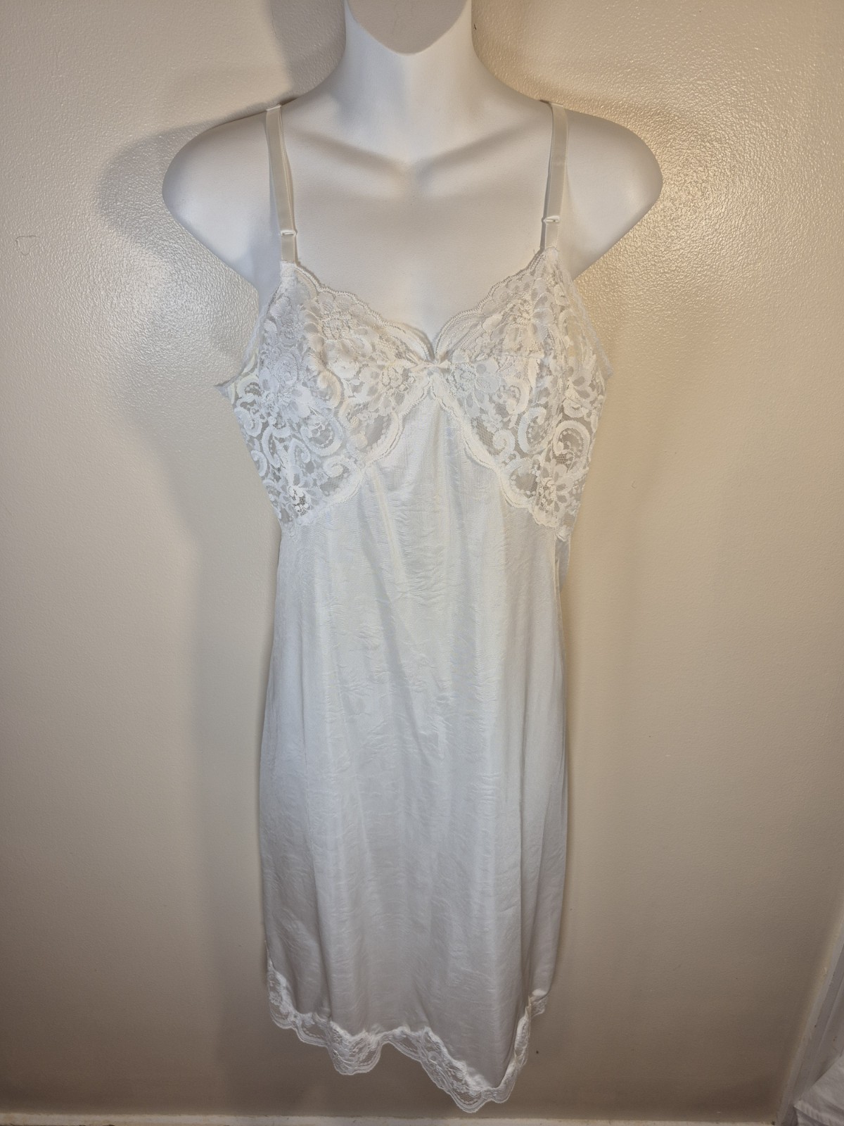 White Satin Lace Slip Nightgown Greenco Maid 36 Vintage Lingerie Boudoir Coquett