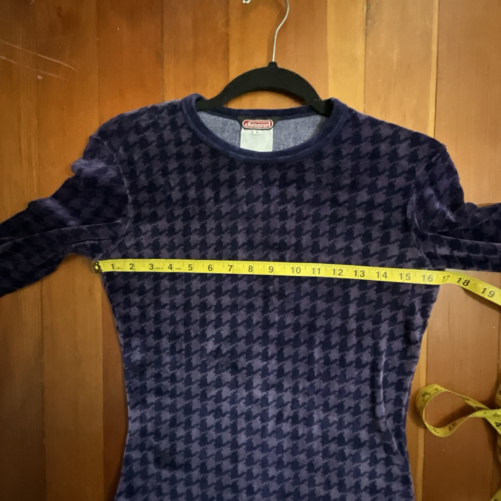 Vintage 90’s Diesel Velour Houndstooth Check Mini Dress Long Sleeve Size L RARE