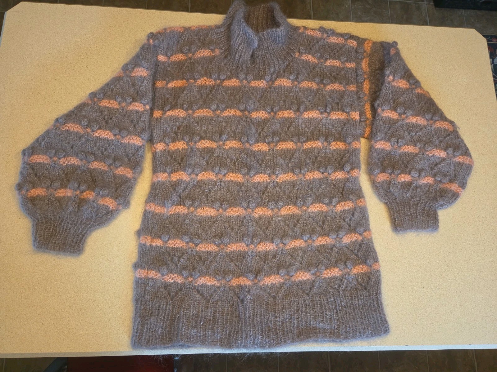 ​Vtg Hand Knit Mohair Sweater Popcorn Stitch Striped Fuzzy Mock Neck Slouchy SM?