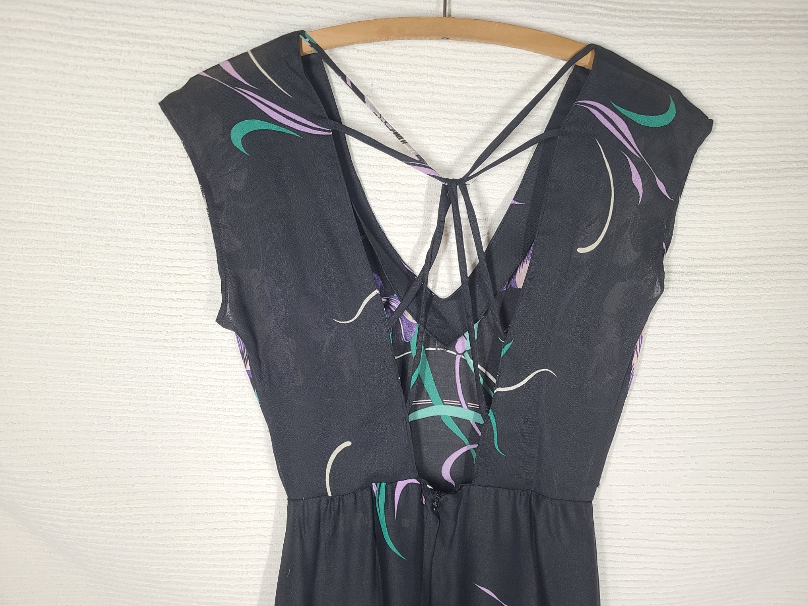 1970s Black Iris Dress Strappy Back Disco Rayon Crepe Malibu Media Vintage Rare